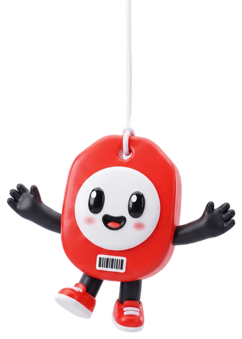 Tiki, the Krealo Labels mascot: a smiling red price tag hanging from its string